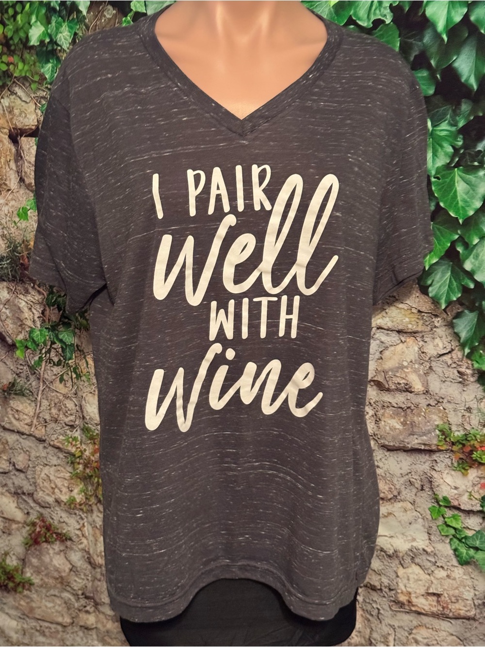 V-Neck Short Sleeve Flowy Tee "I Pair Well With Wine" - Marled Charcoal Gray